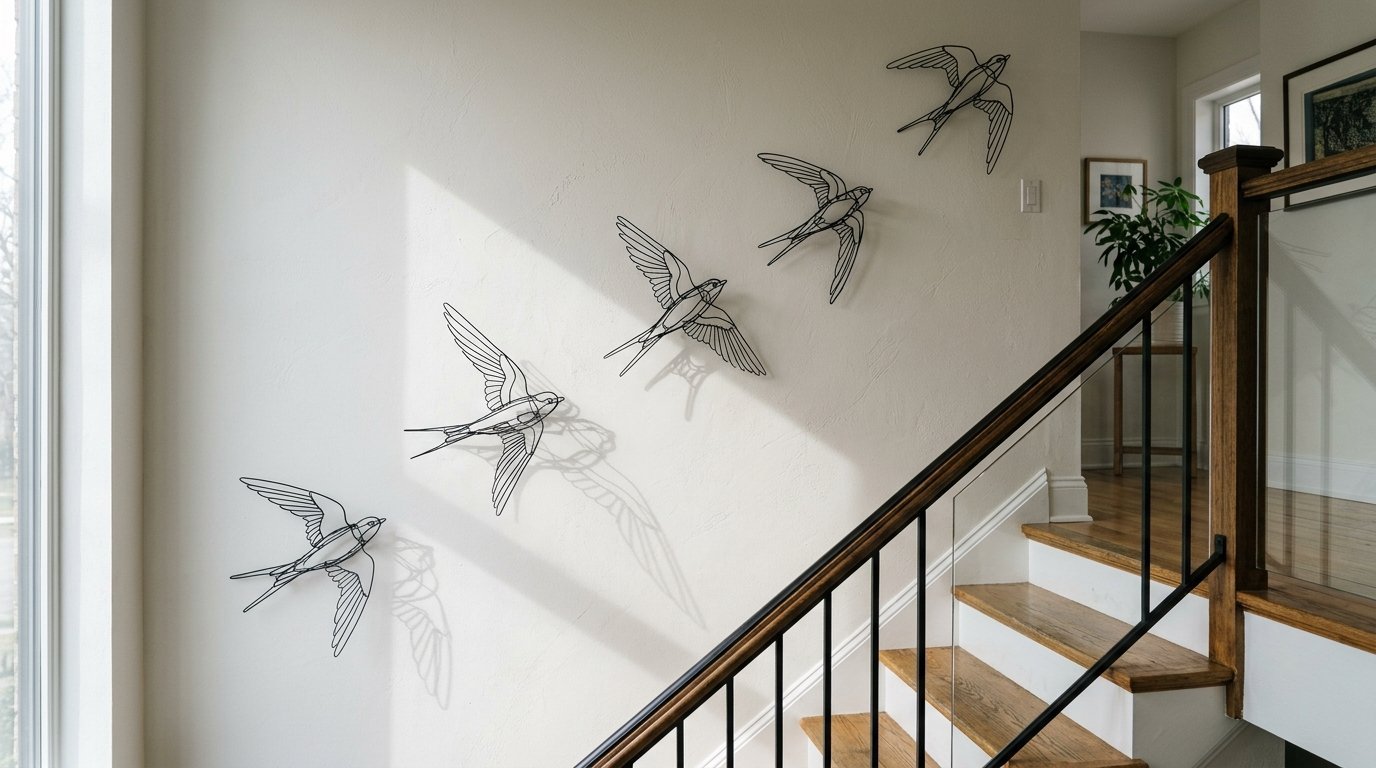 Decorative wire-frame birds arranged in a flying formation along an indoor wooden staircase.