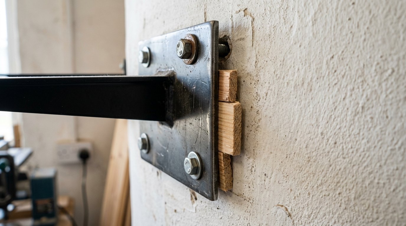 Close-up of a square steel plate bolted into a textured wall, reinforced with small wooden shims.