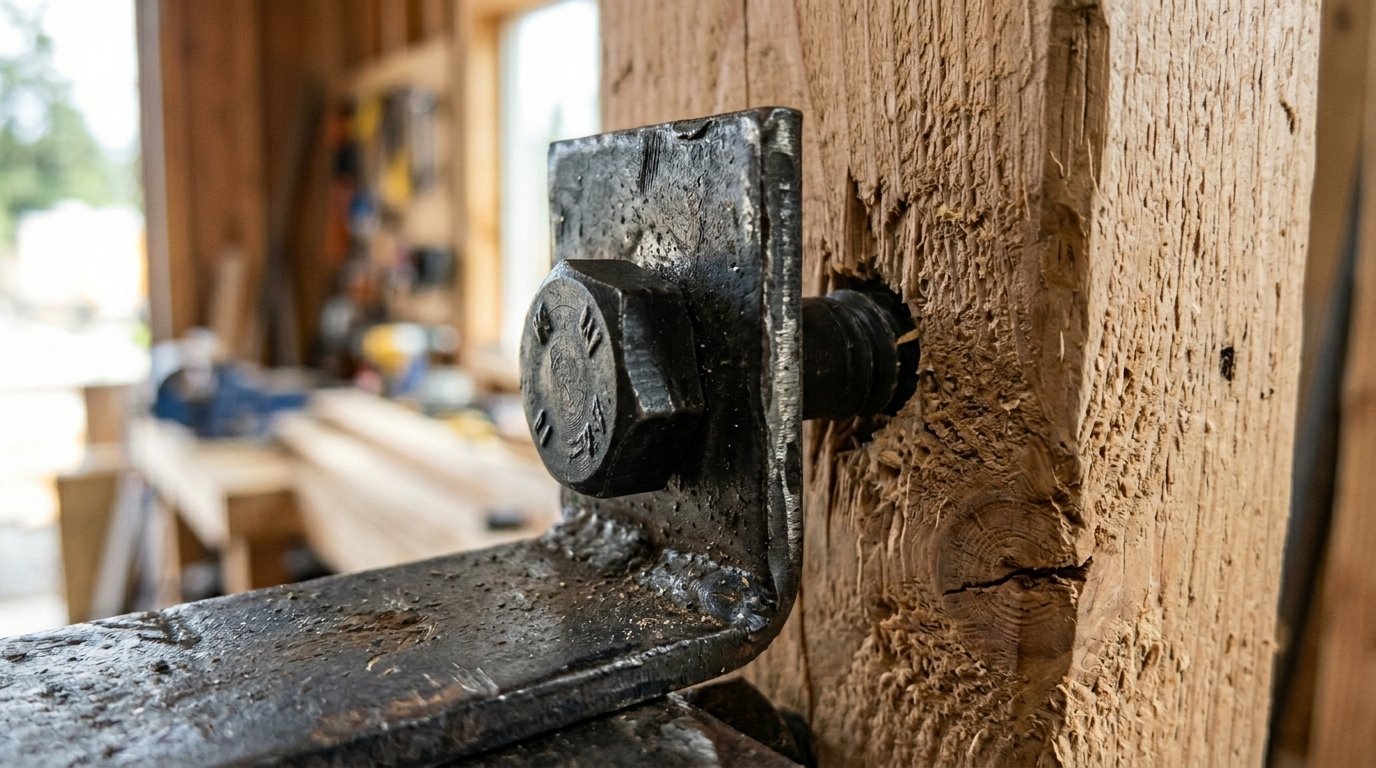 Close up of a black iron angle bracket fastened with a large bolt into a rough textured wooden structural beam.