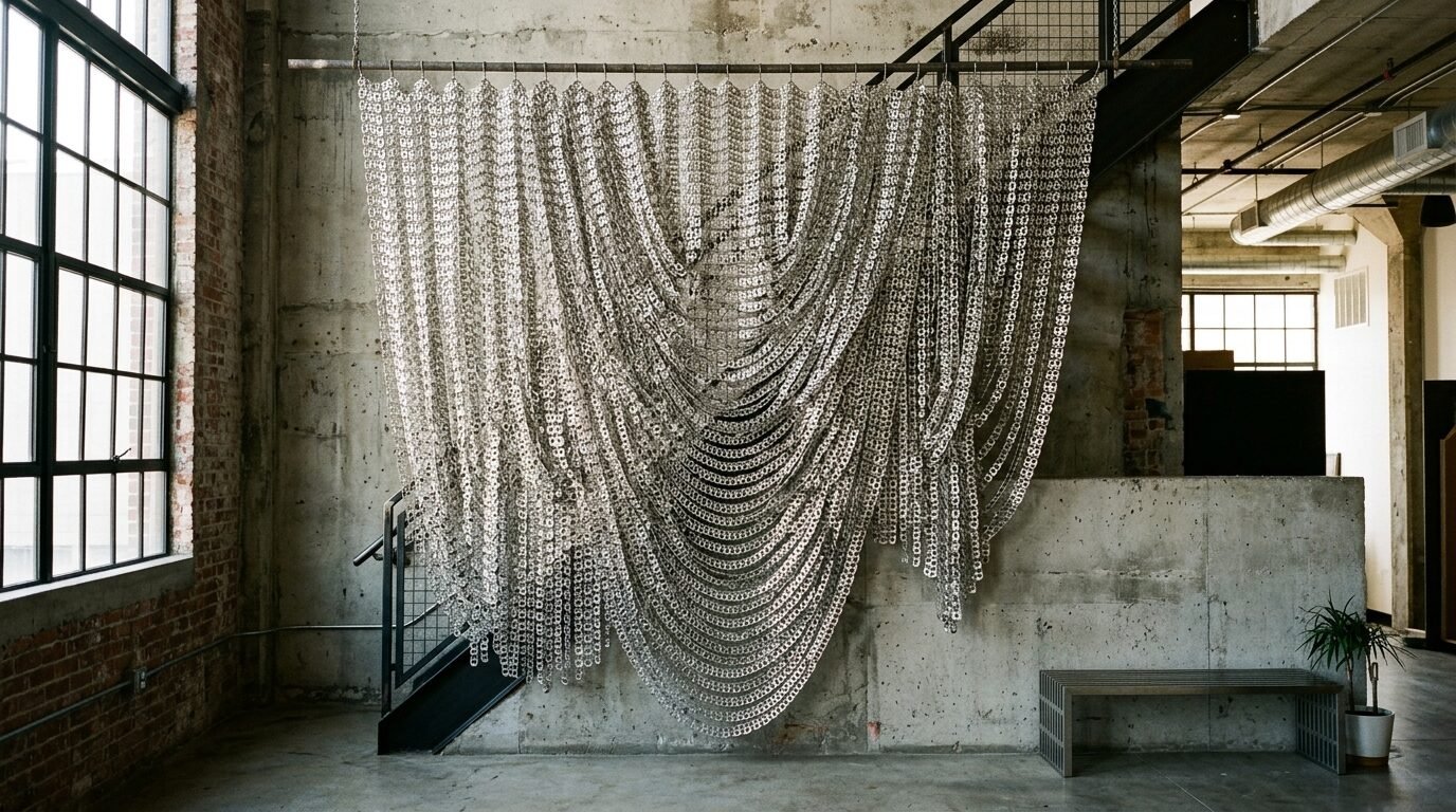A shimmering chain link curtain art piece suspended against a weathered concrete wall.