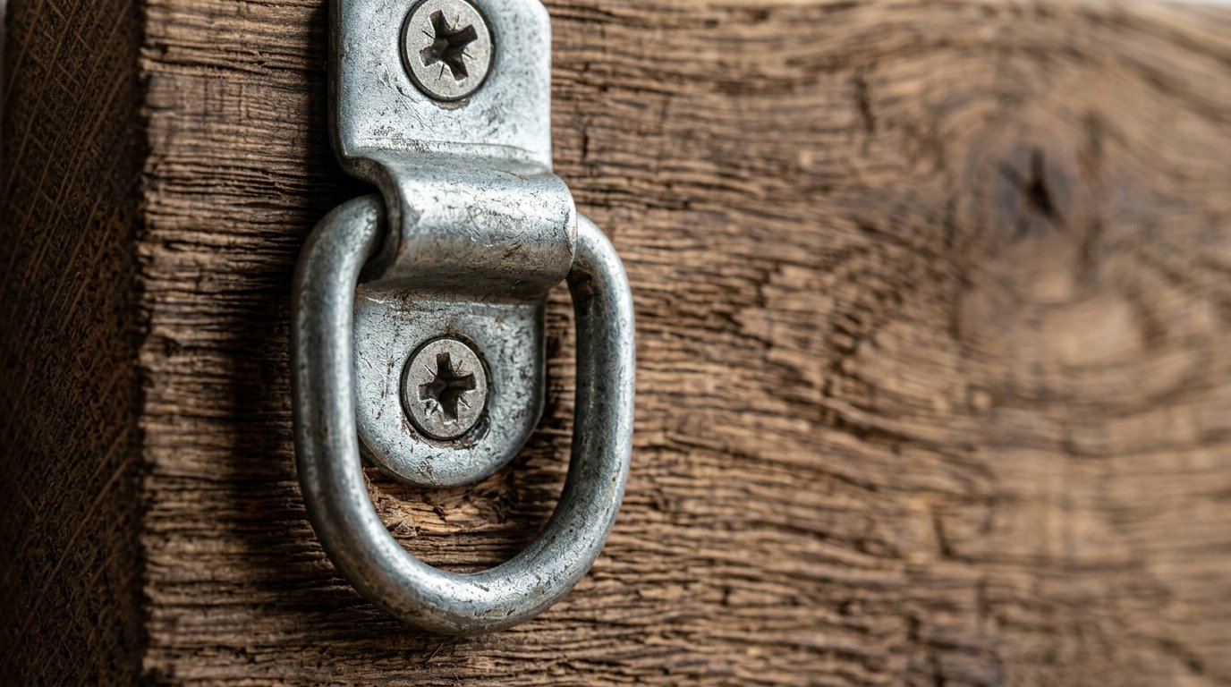 Galvanized metal hardware fastener screwed into a textured rustic oak board.