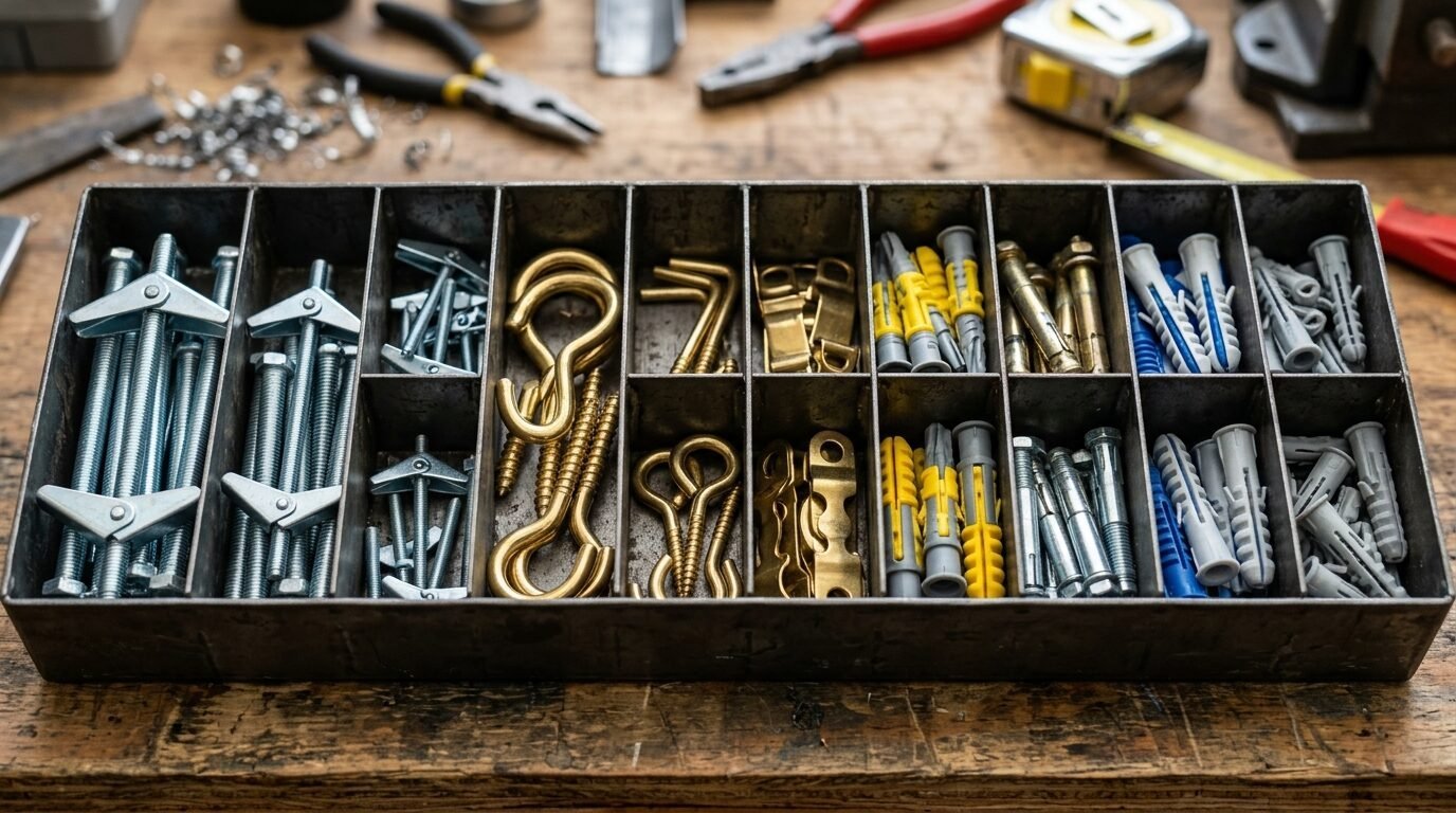 Close-up of a divided metal tray containing various sizes of brass hooks, wall anchors, and threaded metal fasteners.