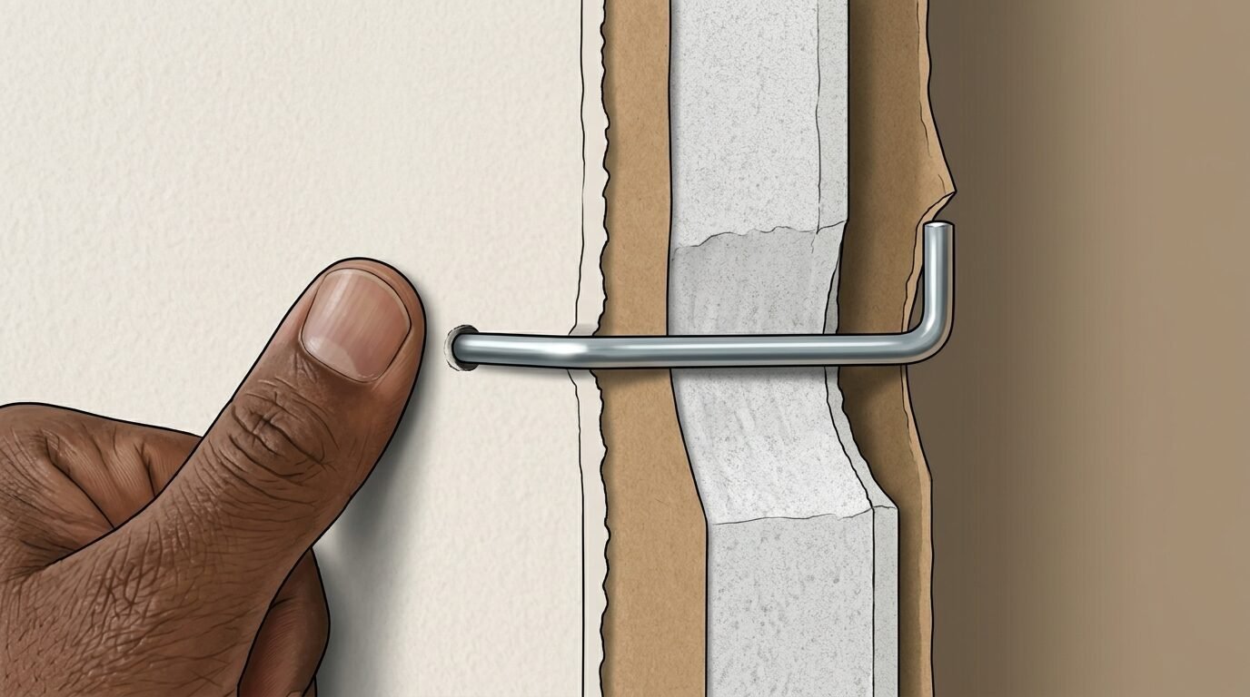Illustration showing a human thumb beside an L-shaped metal hook inserted into a drywall partition.
