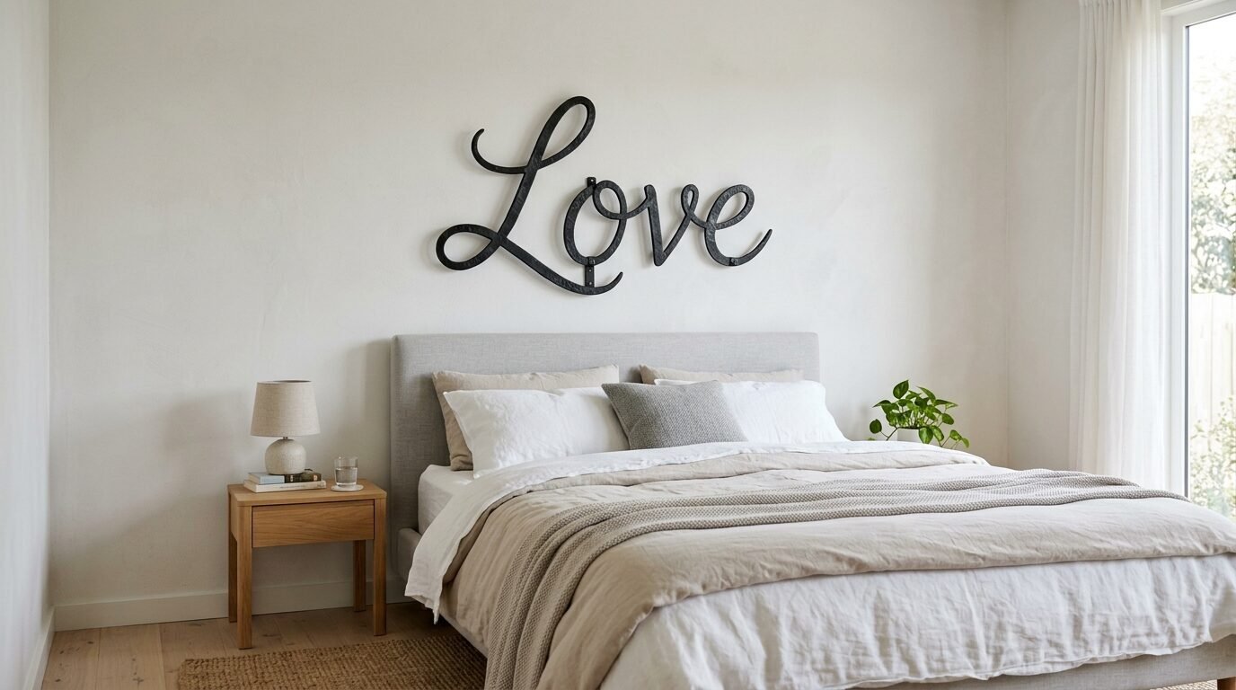 Decorative black iron word sign reading Love hanging above a grey upholstered headboard in a bright bedroom.