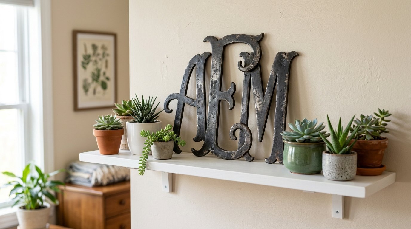 Decorative AEM iron letters on a white shelf surrounded by various small potted green plants.