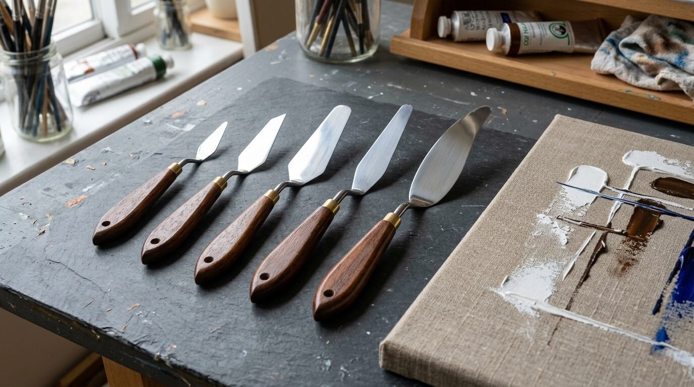 A set of five steel palette knives with polished wood handles resting on a charcoal gray slate table.