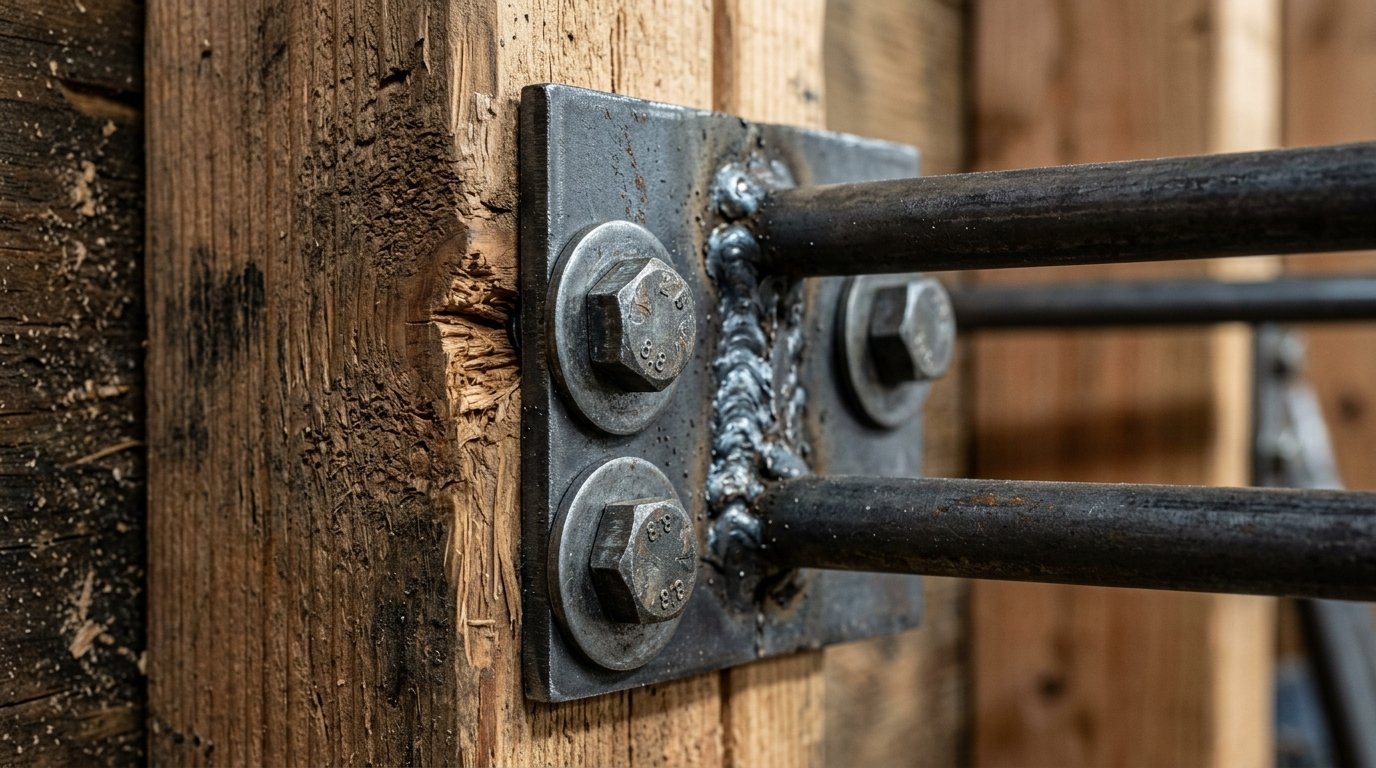 Close up of a thick metal mounting plate welded to steel rods and bolted into a rough wooden support post.