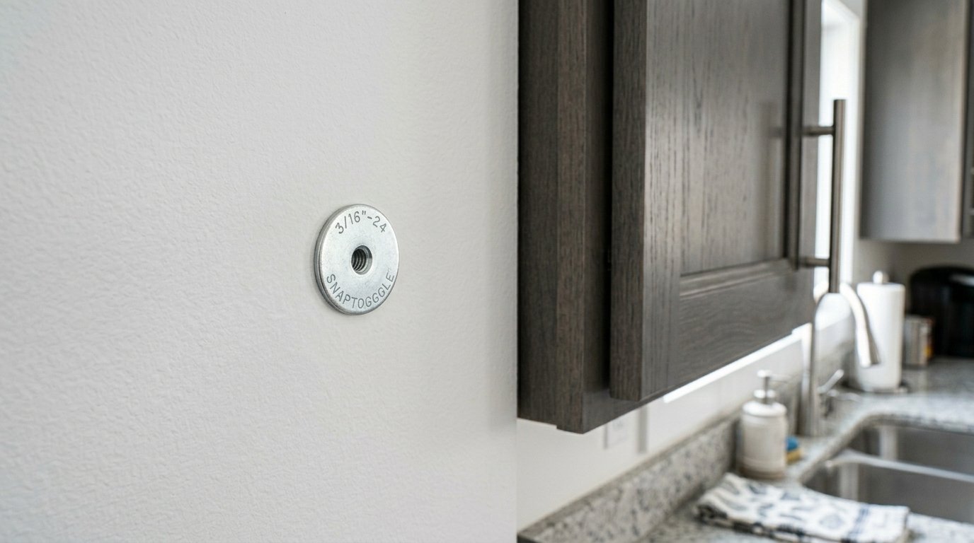Close up of a 3/16 inch Snaptoggle anchor flush against a drywall surface next to dark wood cabinets.