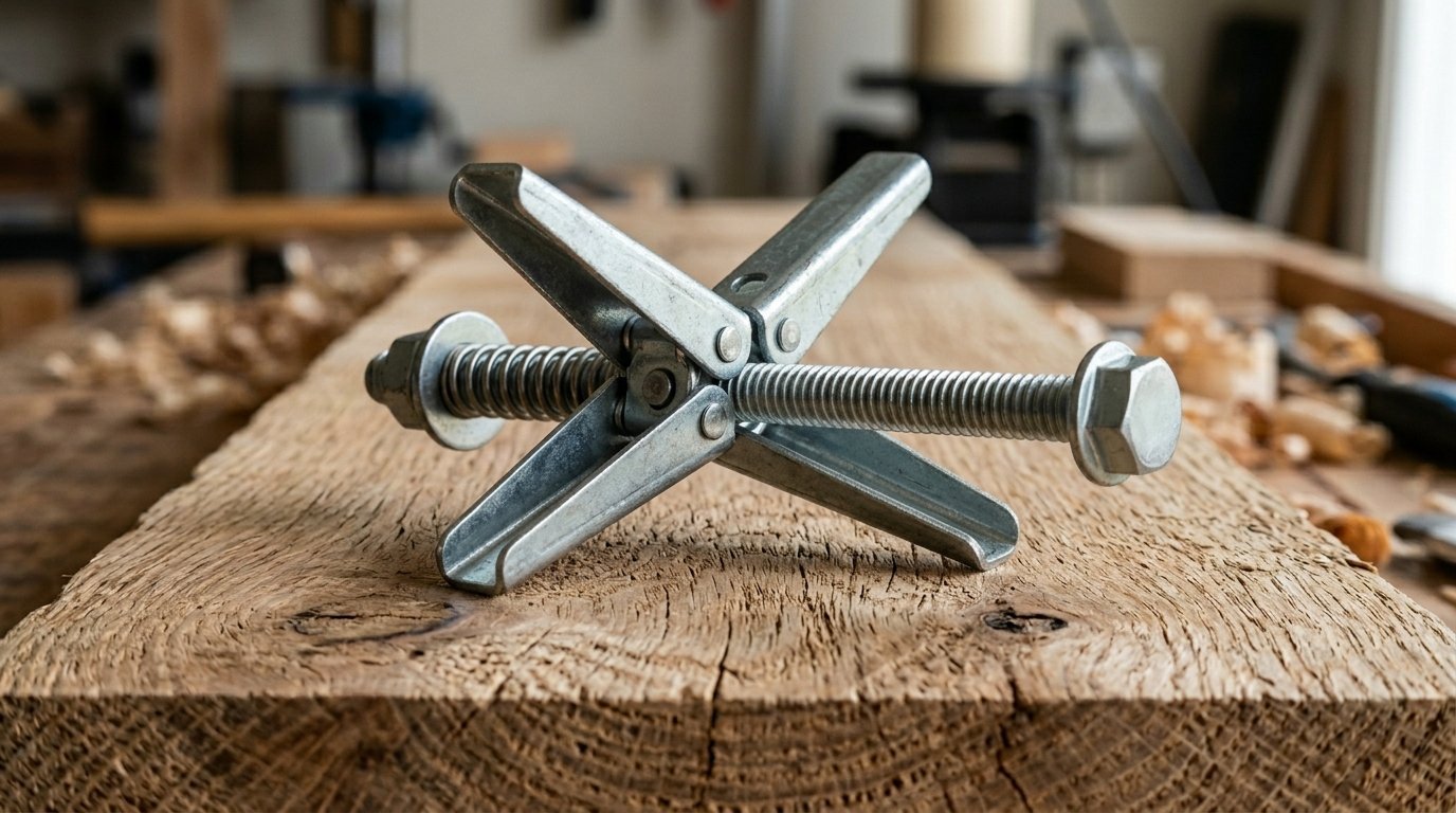 Close up of a spring-loaded metal toggle anchor lying on rough grained timber in a workshop.