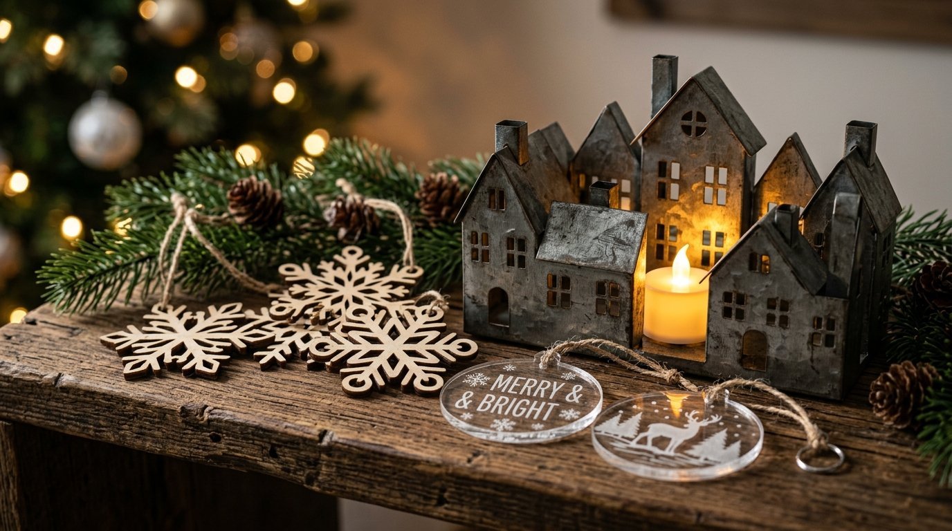 Miniature metal house candle holder sitting on wooden table next to wood snowflake and glass Christmas ornaments.