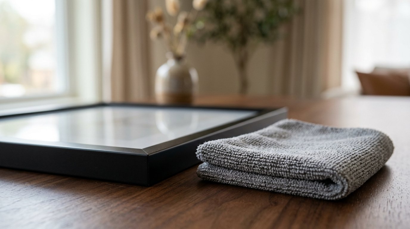A grey textured cleaning cloth sitting on a wooden table next to a framed picture.