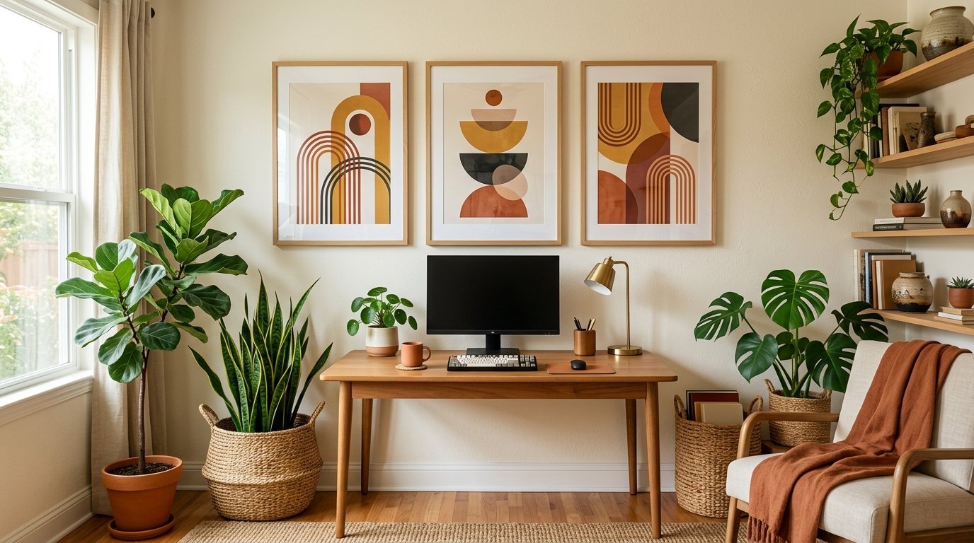 Wooden desk with computer monitor surrounded by potted houseplants, floating shelves, and three abstract art prints.