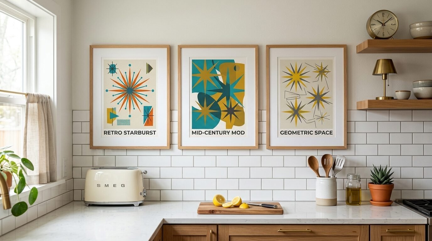 Three framed posters with geometric starburst patterns displayed above a white subway tile backsplash in a kitchen.
