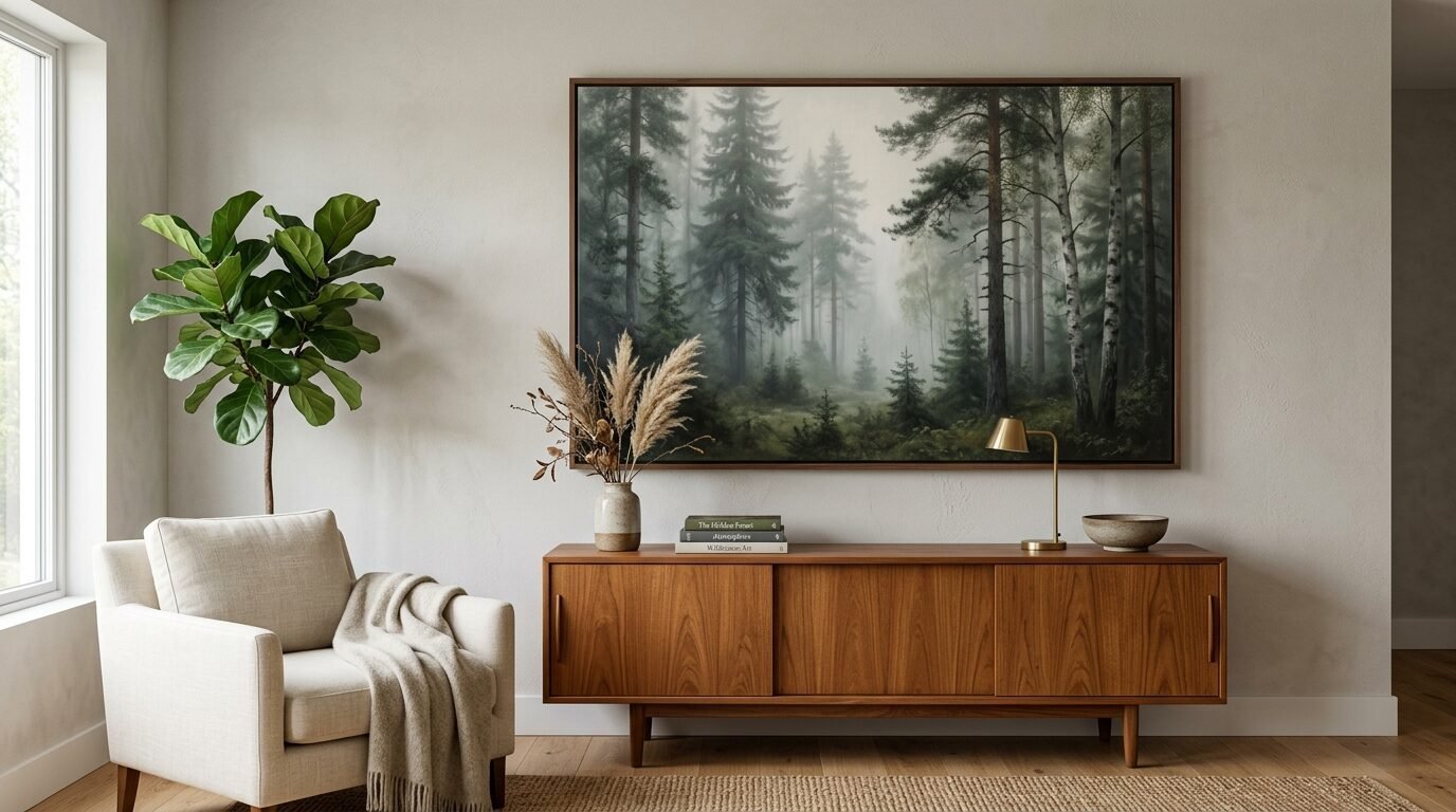 A beige armchair next to a mid-century wooden sideboard featuring a landscape art print of foggy pine trees.