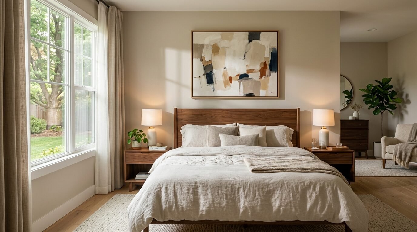 A serene bedroom featuring a walnut bed frame, beige linen bedding, and large abstract painting above the headboard.