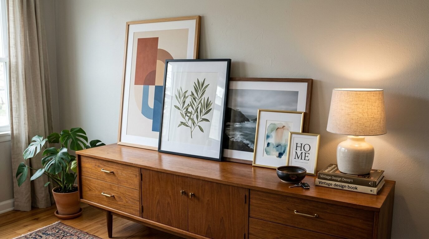 A wooden console table with layered frames, a table lamp, and a potted monstera plant.