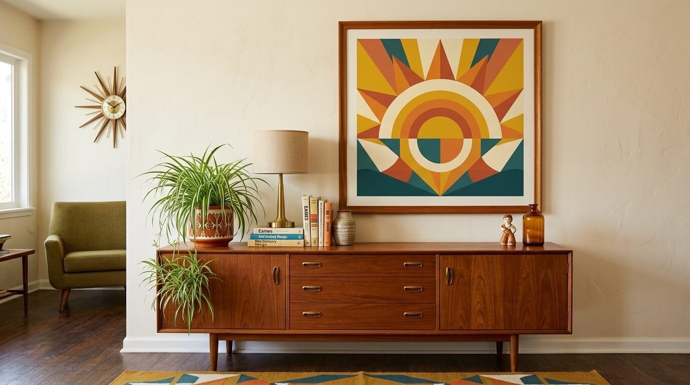 A wooden sideboard topped with a lamp, books, and a spider plant, beneath a framed sunburst geometric print.