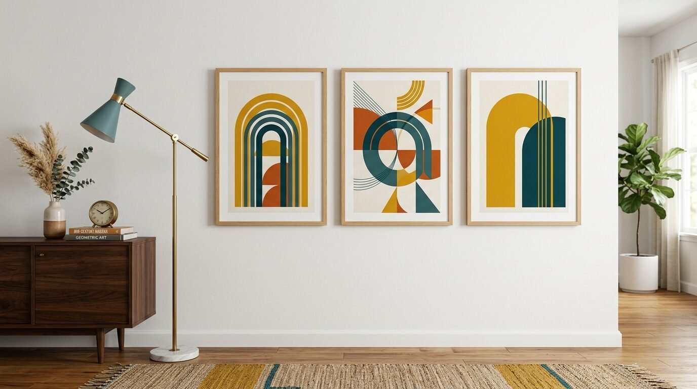 Three minimalist art pieces in wooden frames featuring yellow, teal, and orange shapes above a dark wood cabinet.