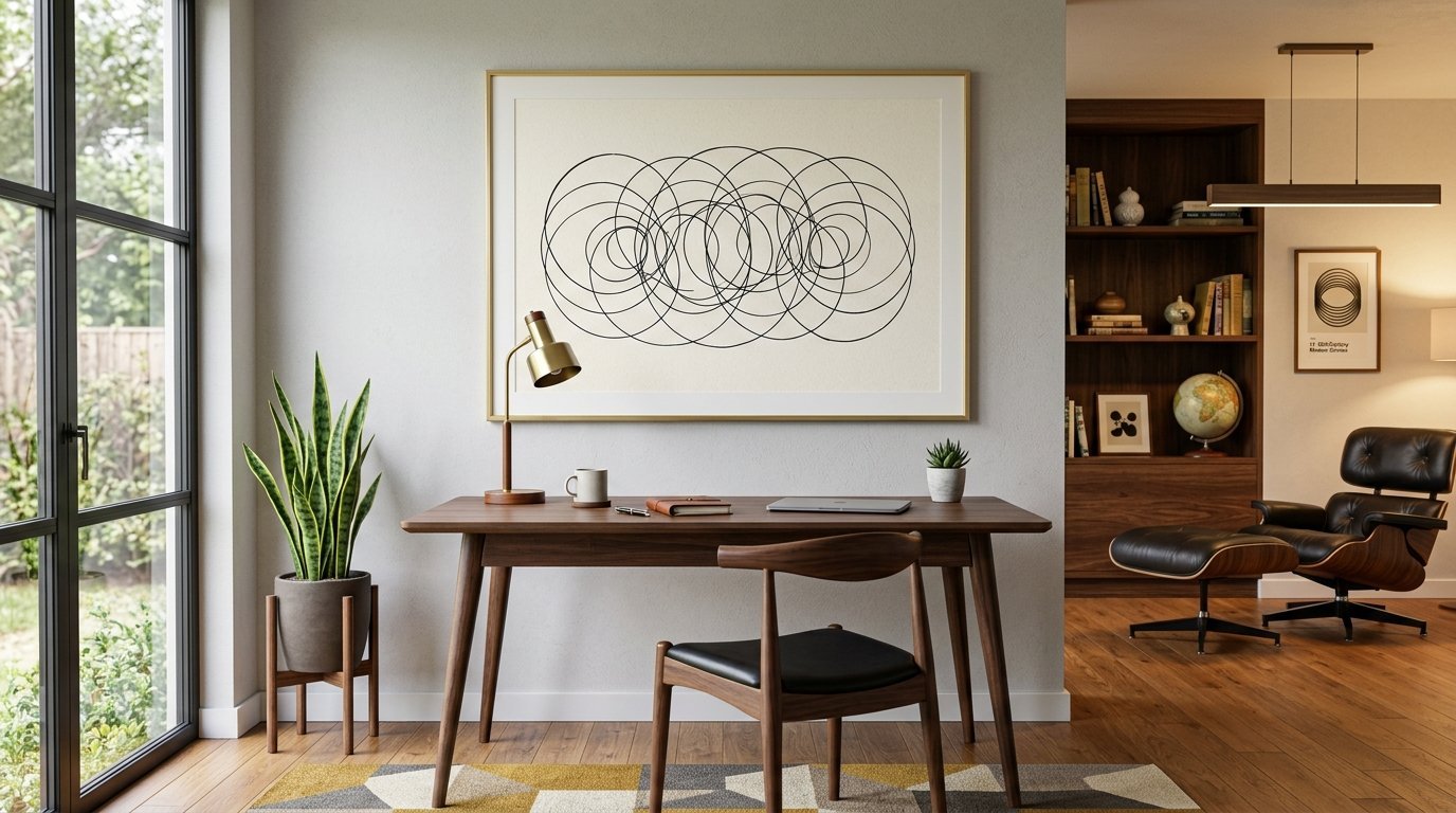 A dark wooden desk with a lamp, laptop, and plant sits under a large framed print of overlapping black circles.