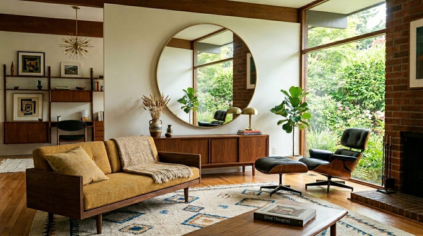 Mid-century modern living room with a mustard yellow sofa, Eames lounge chair, and a large round brass mirror.