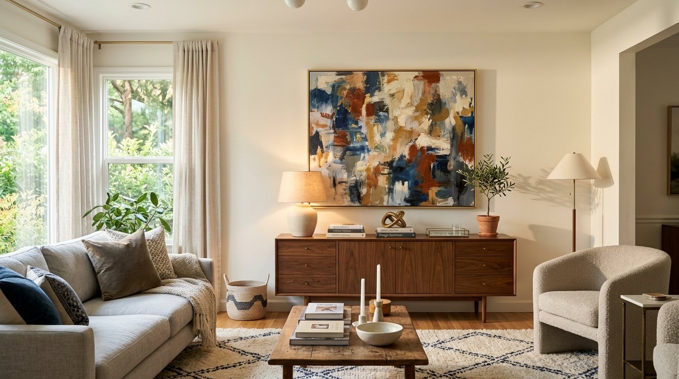 Bright living room featuring a textured sofa, wood side cabinet, and colorful abstract canvas on the wall.