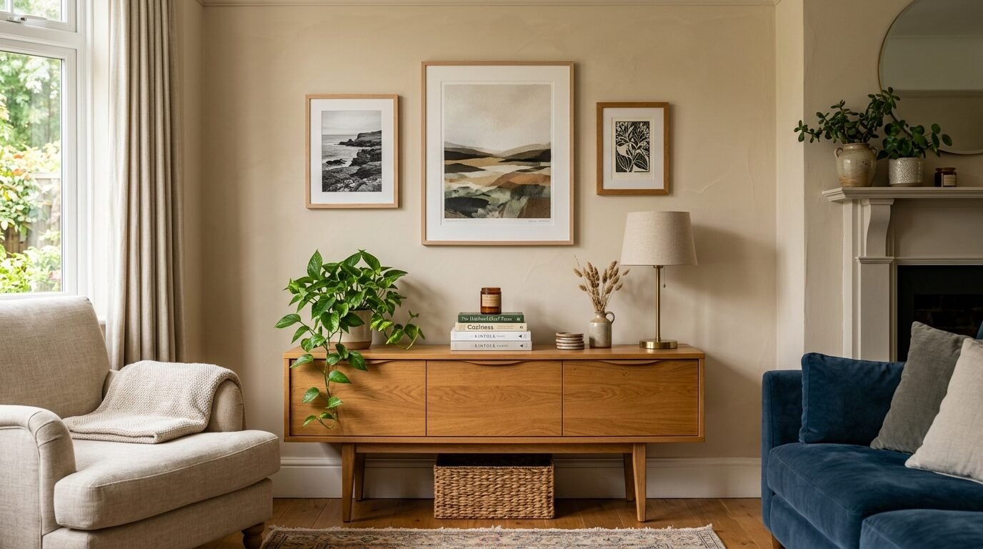 Wooden console table with books, a lamp, and a trailing plant beneath three framed prints in a living room.