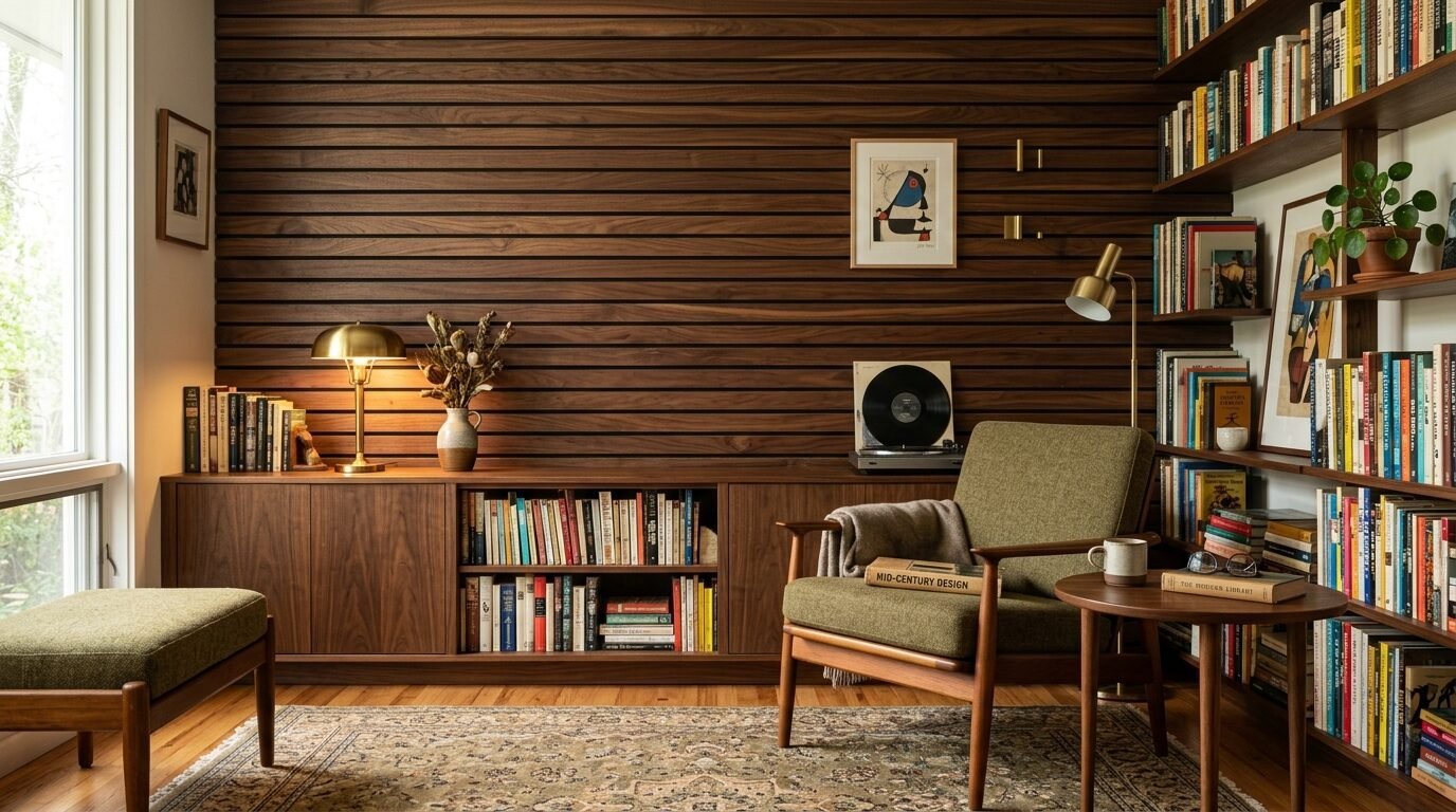 A mid-century modern home library with a green armchair, floor-to-ceiling bookshelf, and warm wood paneled wall.