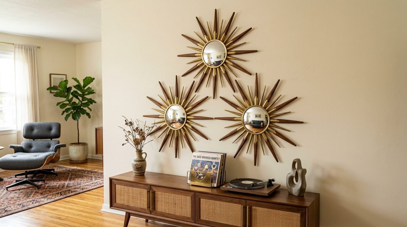 A trio of gold and wood sunburst mirrors mounted on a beige wall above a vinyl record console.