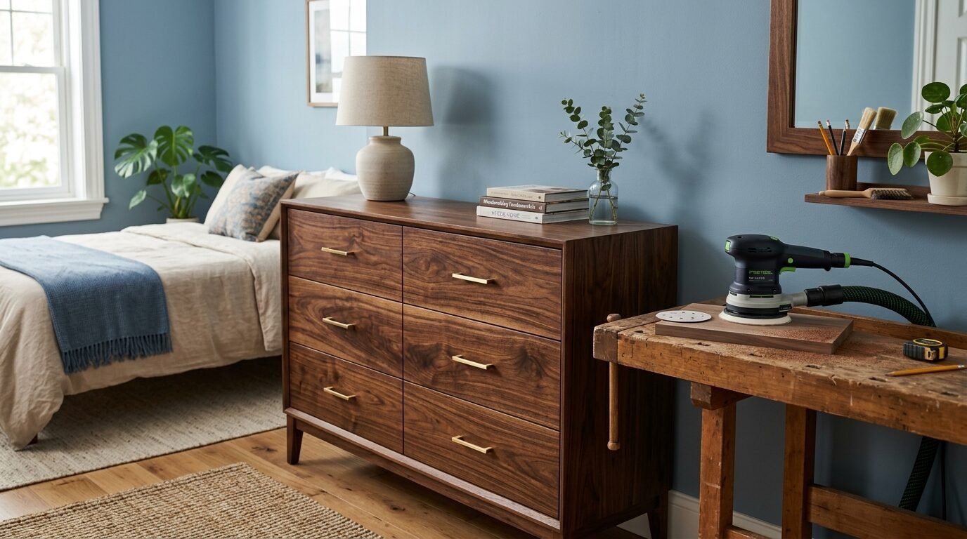 A dark wooden dresser with brass handles sits next to a rustic workbench holding a power sander.