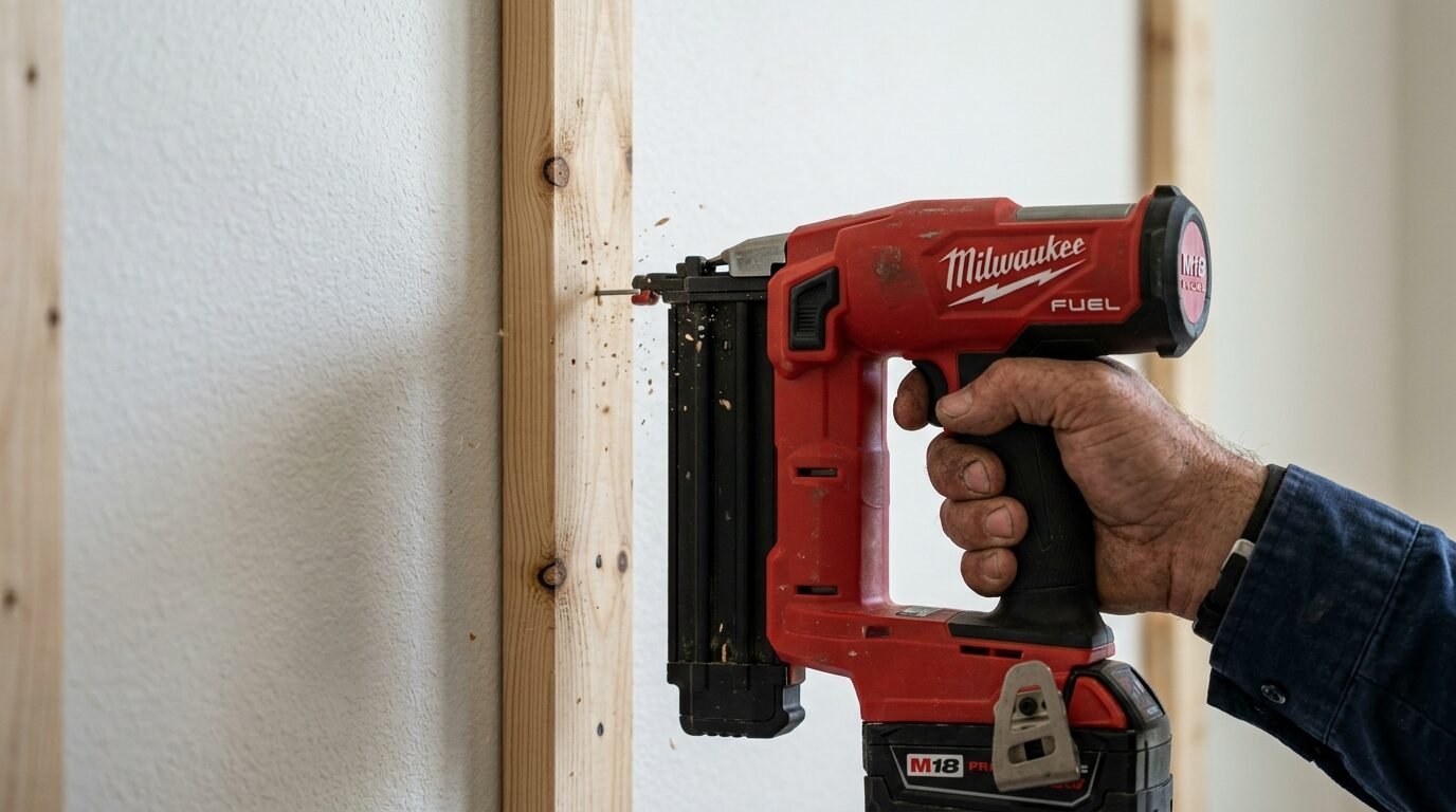 Close-up of a hand operating a cordless red nail gun against a wooden stud on a wall.