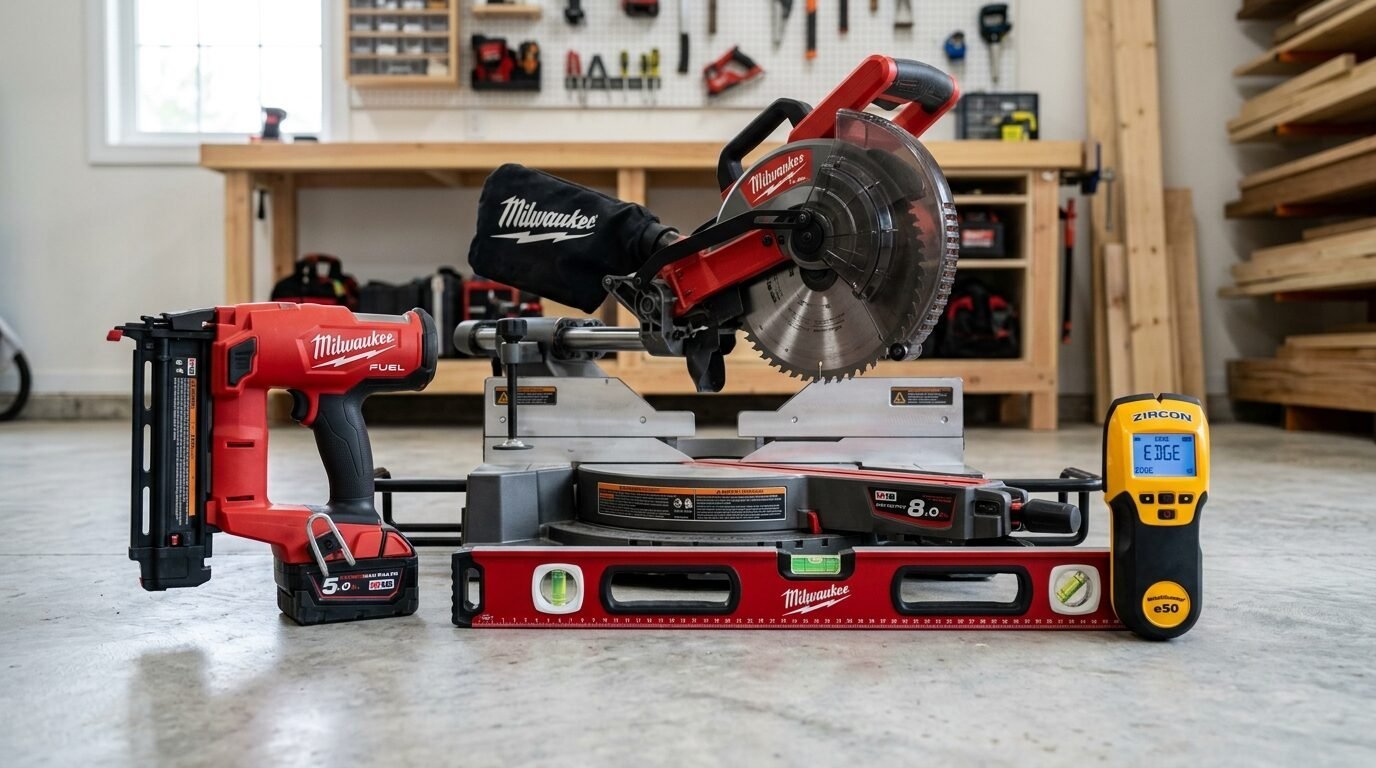 A red Milwaukee miter saw, nail gun, and level with a yellow Zircon stud finder on a concrete floor.