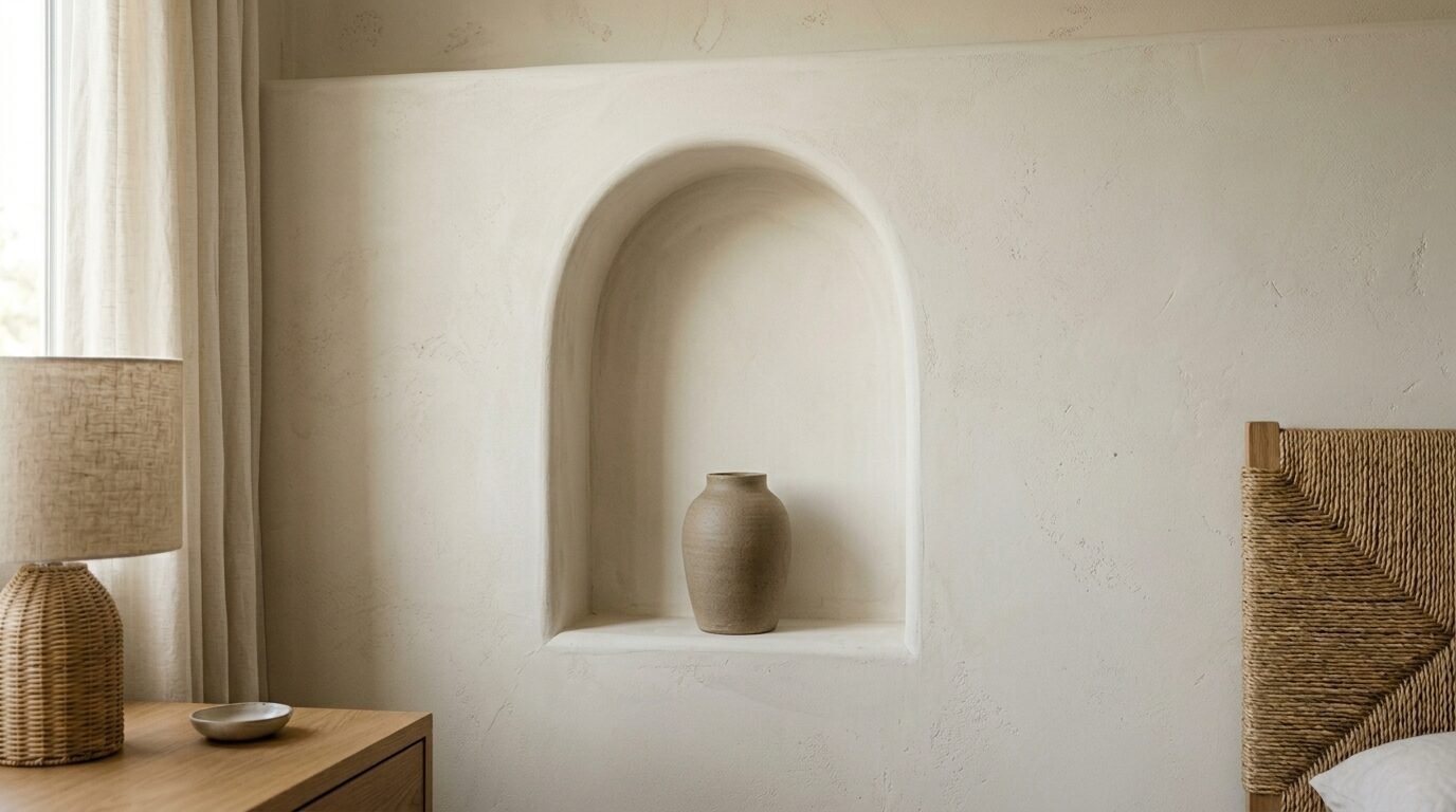 Ceramic vessel displayed in a curved plaster cutout on a neutral bedroom wall.