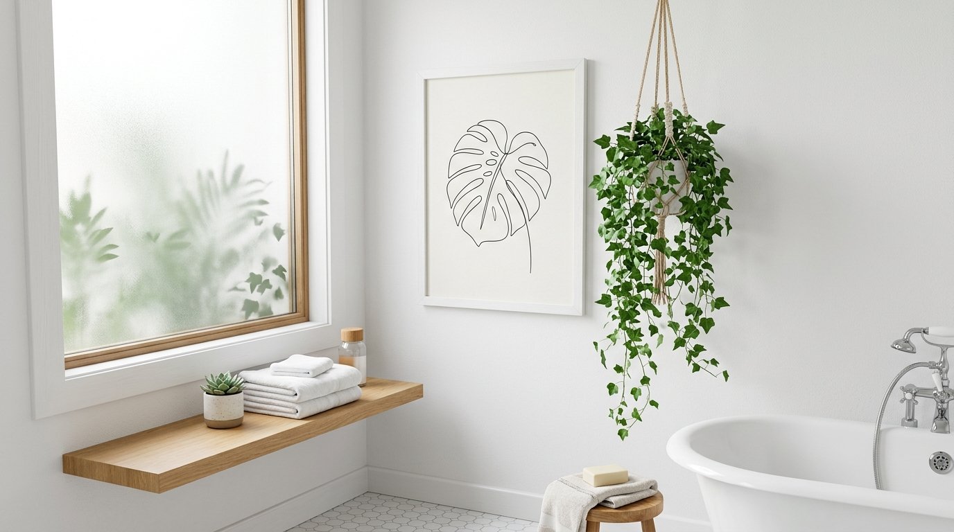 Monstera leaf sketch in a white frame next to a hanging ivy plant in a bright, modern bathroom.