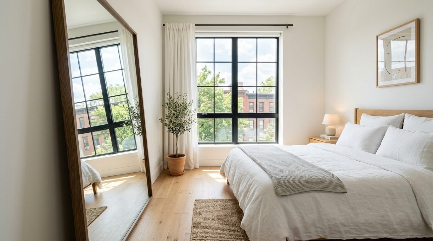 A white bedroom with a tall wooden floor mirror, potted olive tree, and bed with white linens by a large window.