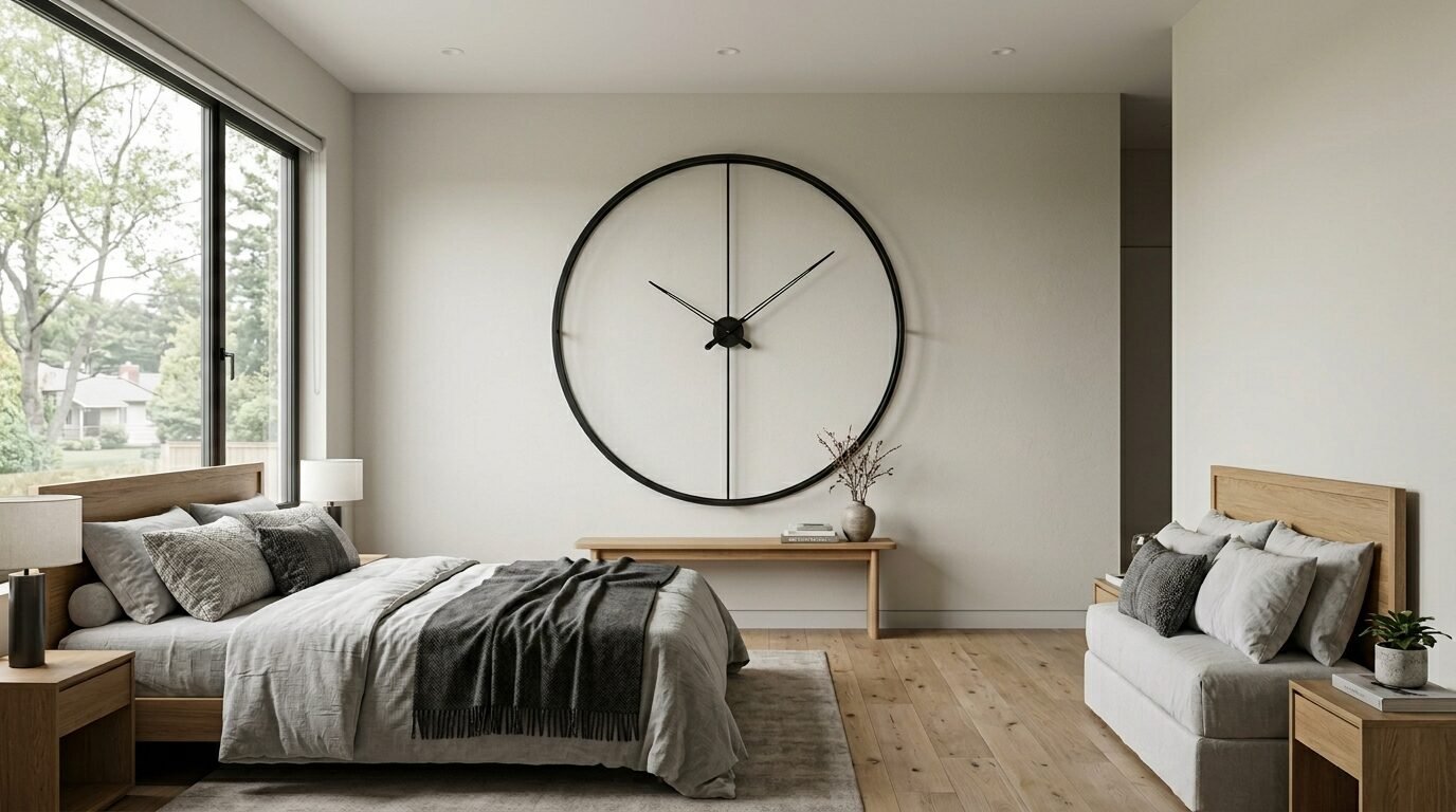 A modern bedroom with a massive circular wall clock, oak furniture, and grey bedding.