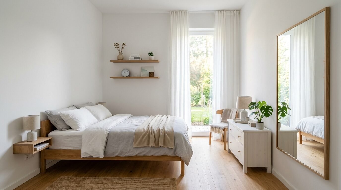 Modern white bedroom with oak bed frame, hanging shelves, and full-length mirror reflecting the bed.