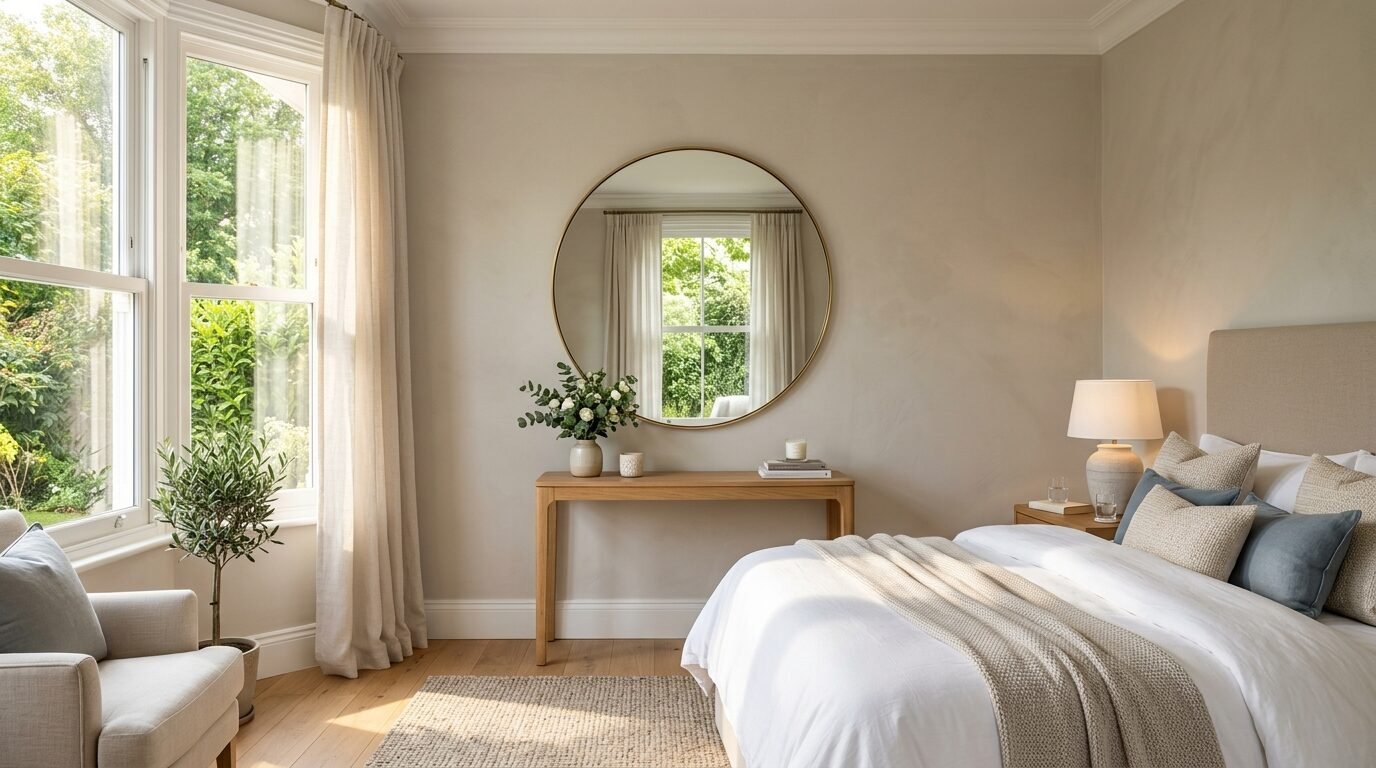 Bright modern bedroom with a large circular gold mirror above a wooden console table and a cozy bed.