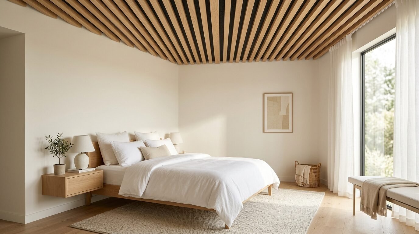 Bright modern bedroom with wooden ceiling slats and white bedding.