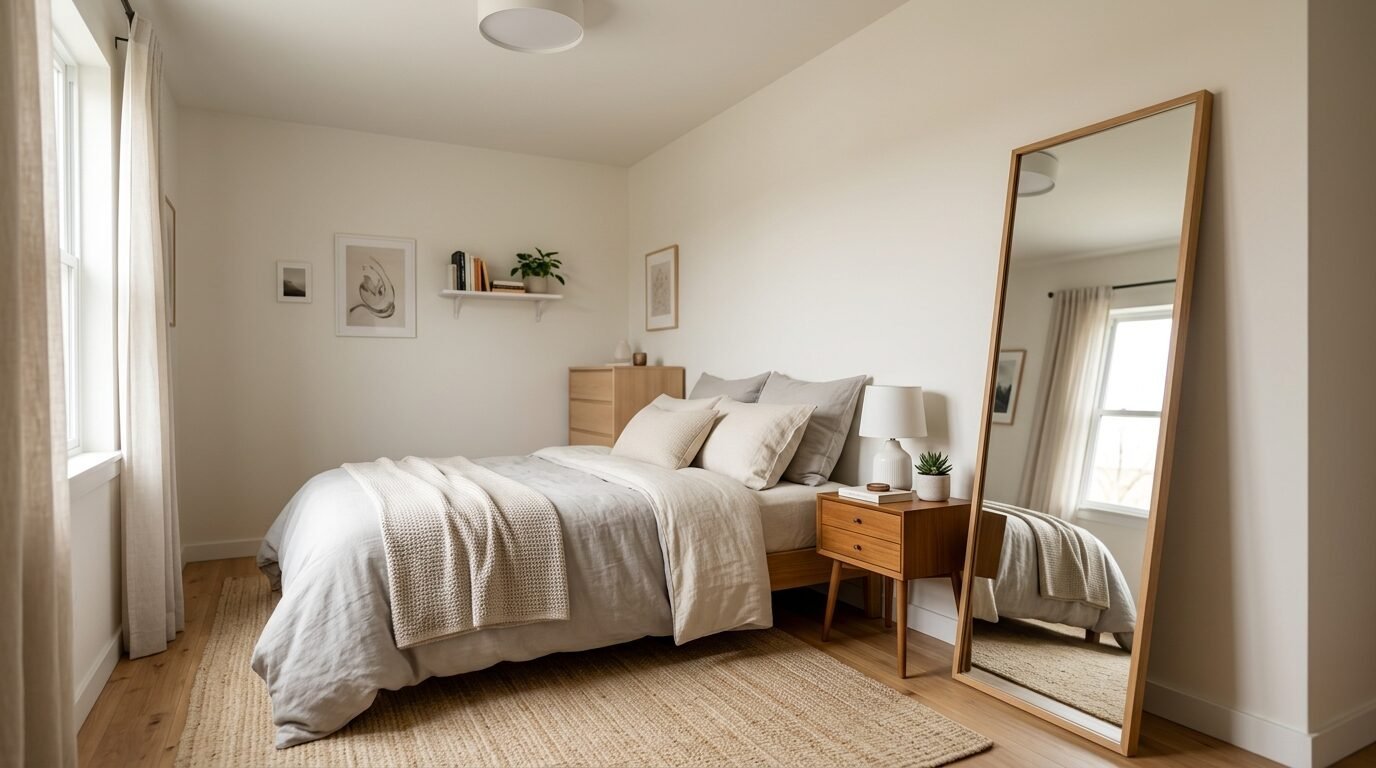 A light-filled bedroom features a bed with neutral linens, a wood nightstand, and a tall rectangular mirror.