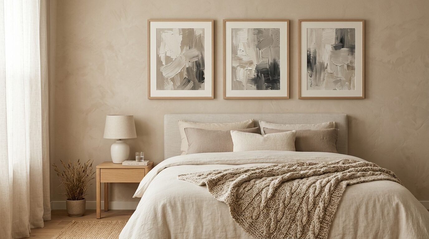 A serene bedroom featuring layered beige bedding, a thick knit throw, and three matching abstract art pieces on the wall.
