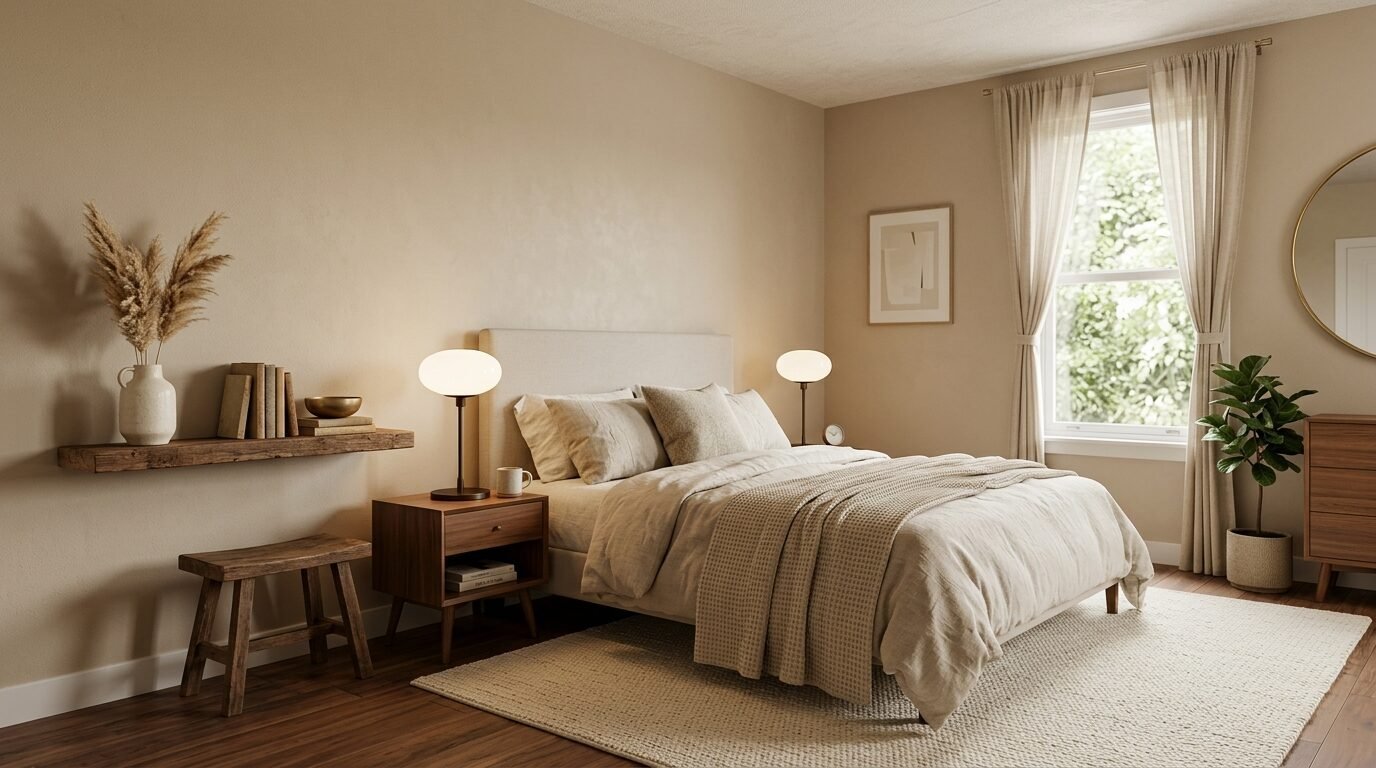 Neutral bedroom with upholstered bed, wooden nightstands, and a floating shelf styled with dried grass.