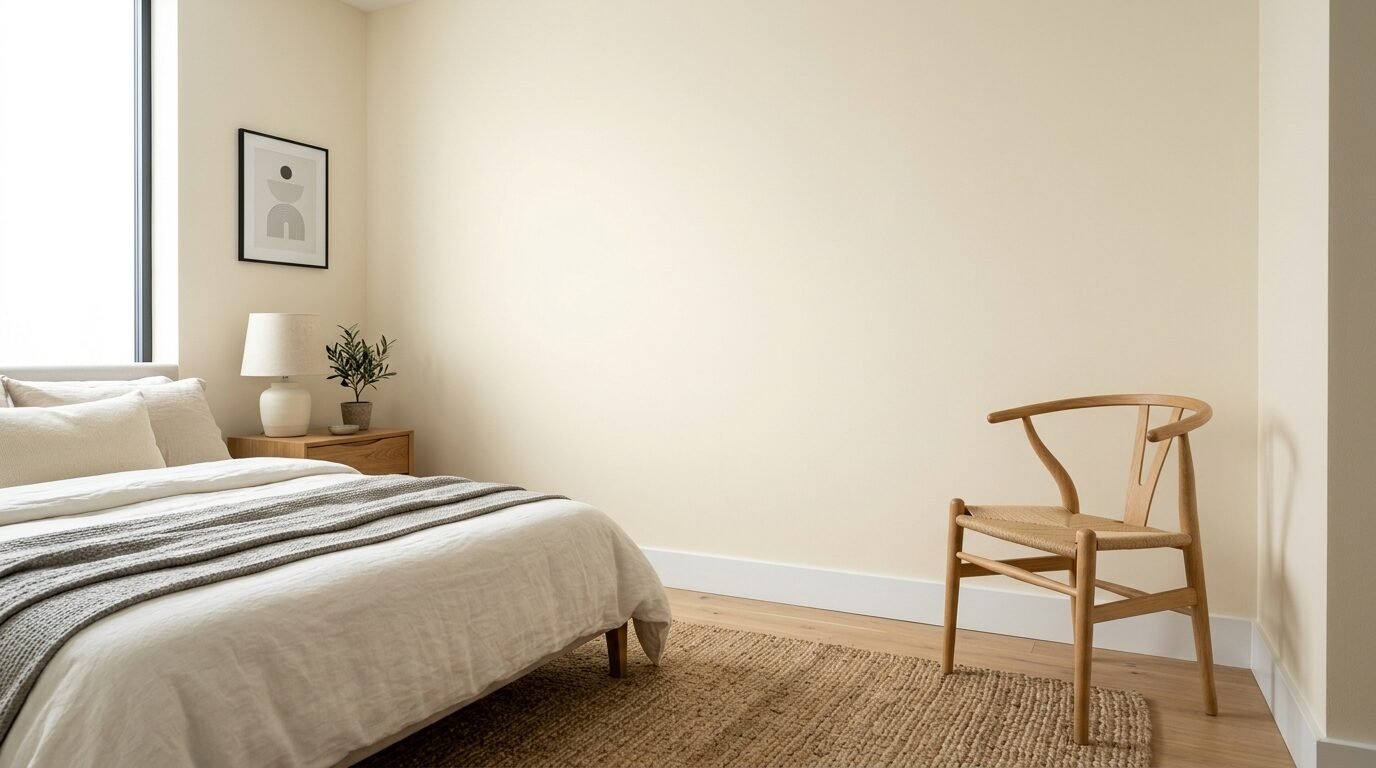 Modern bedroom with a beige linen bed, jute rug, and a classic curved wooden chair against a plain wall.