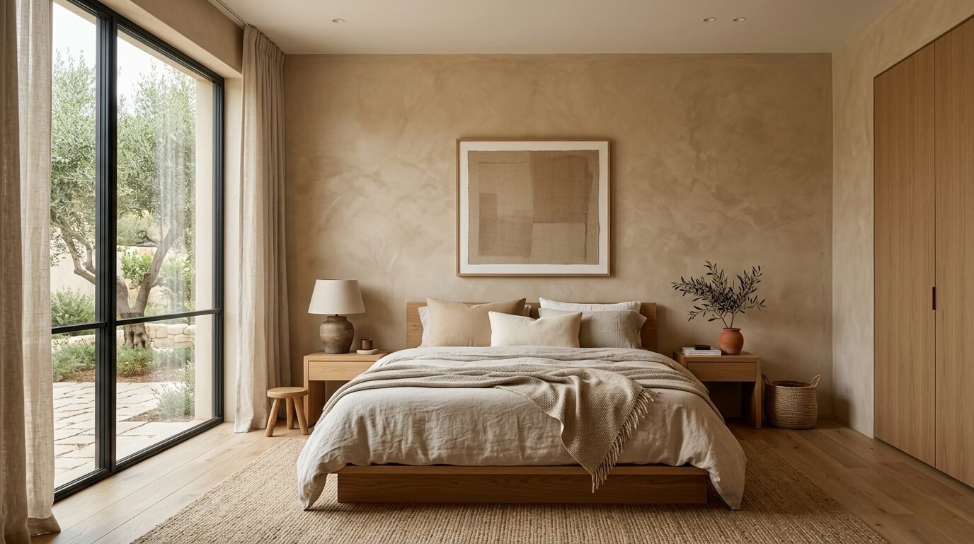 Modern bedroom with wooden platform bed, textured lime-wash walls, and floor-to-ceiling windows showing an olive tree.