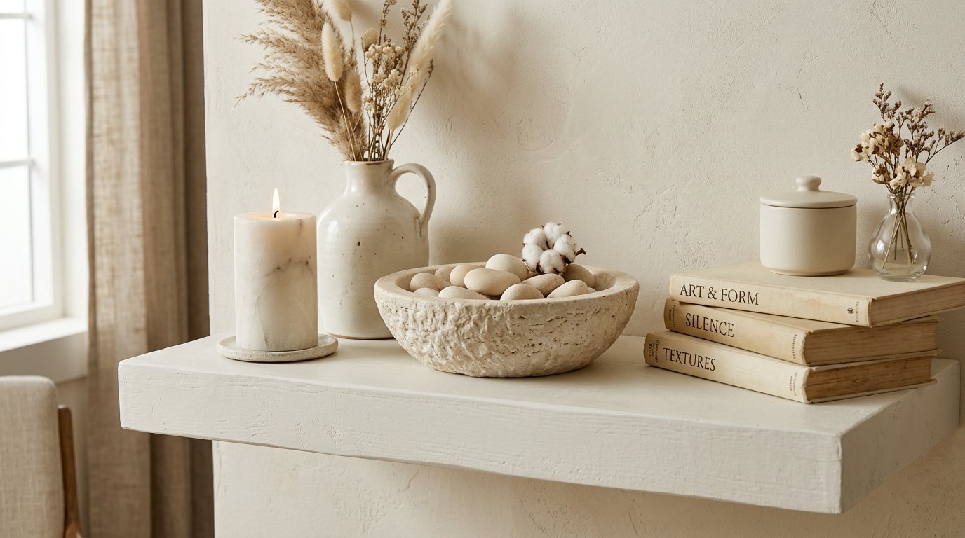 Neutral living room shelf with books, a textured stone bowl filled with pebbles, and a burning pillar candle.