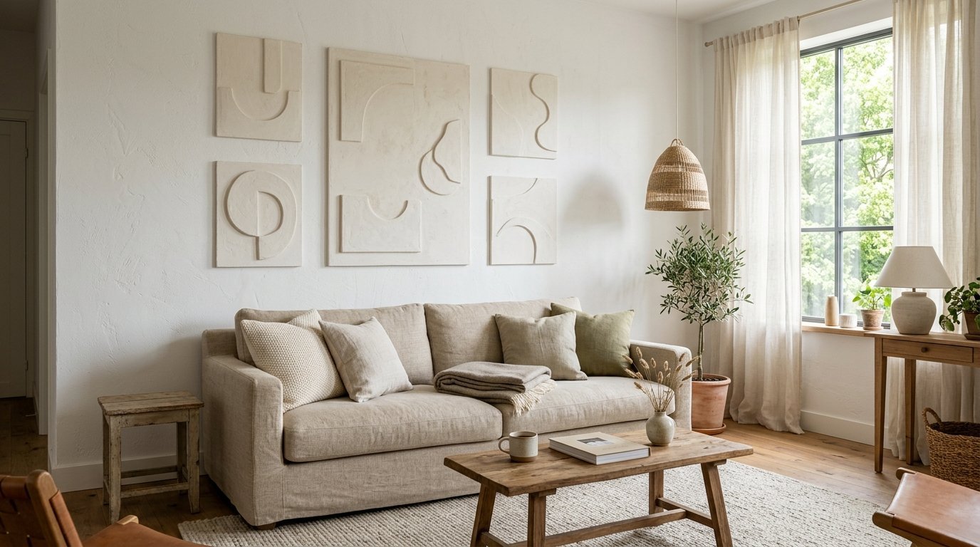 Cream sofa with textured cushions sits beneath a gallery wall of abstract plaster relief artworks in a bright room.