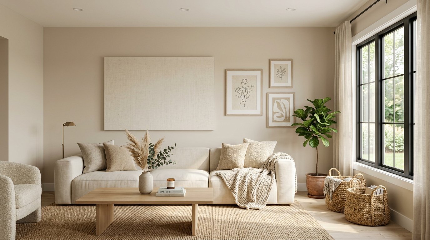 Neutral living room with cream sofa, large canvas art, wooden coffee table, and woven storage baskets by the window.