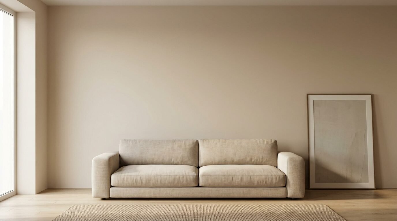 Neutral toned fabric sofa placed on a light wood floor with framed abstract art next to it.