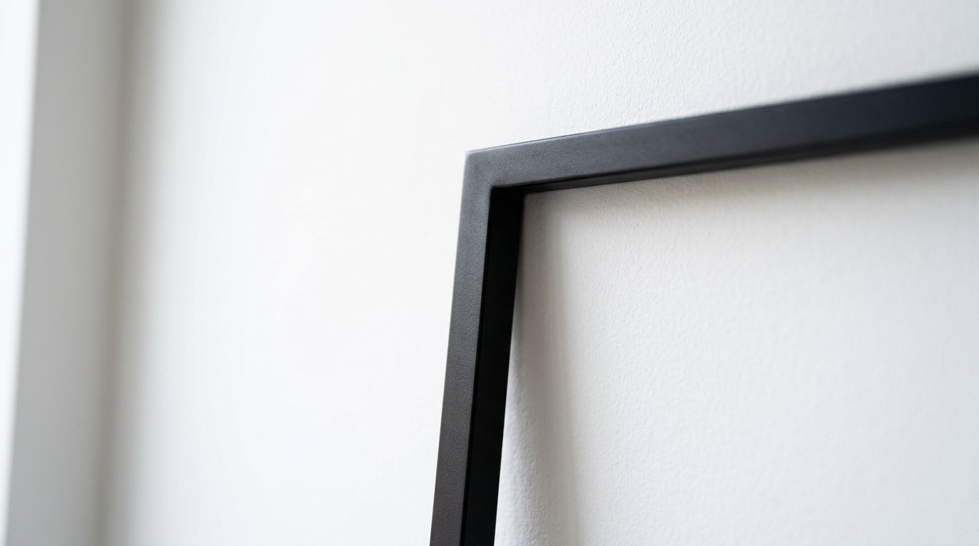 The corner of a sleek black frame mounted against a plain white wall.