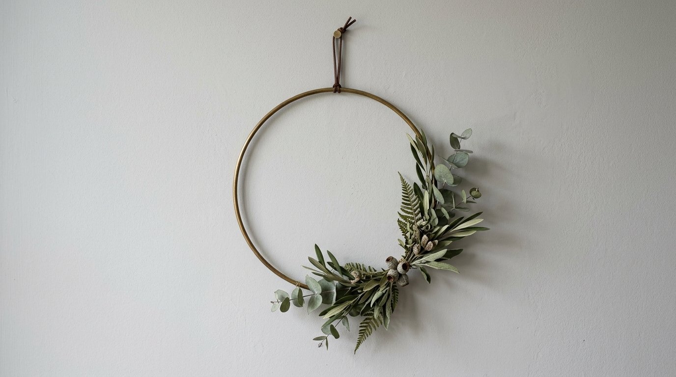 Round brass decorative hoop hanging on a plain wall with eucalyptus, ferns, and seed pods.