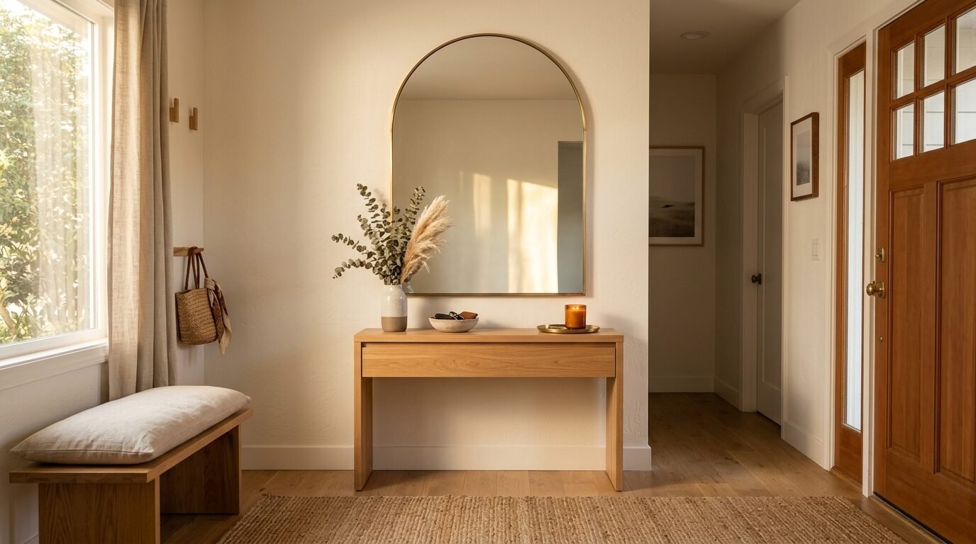 A sunlit entryway with a wooden console table, decorative vase, and a large arched gold mirror on a white wall.